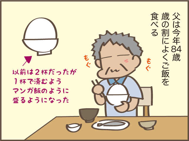 ご飯を大盛りで食べる父。一人暮らしを心配して作り置きを用意したけれど...／しまえもん 143-1.png