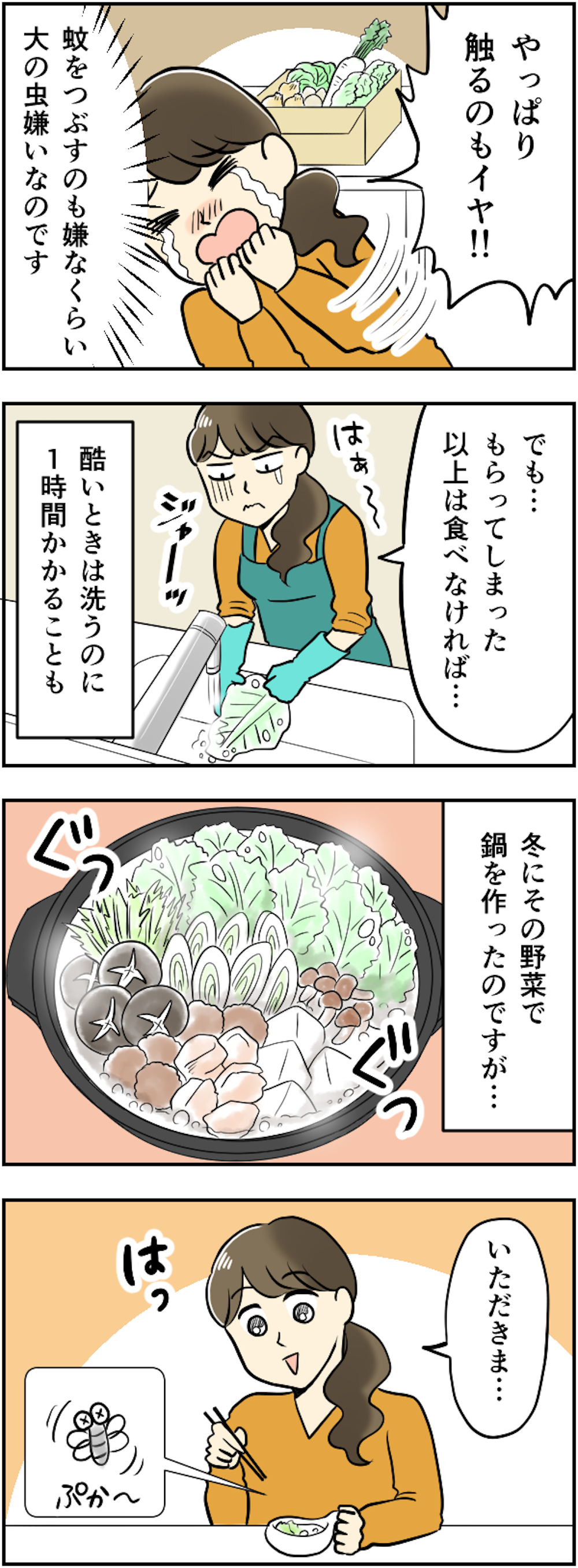 鍋料理に「虫」がプカ～!! あんなに洗ったのに...義父母がくれる「無農薬野菜」が困る！【漫画】 253kansei_004.png