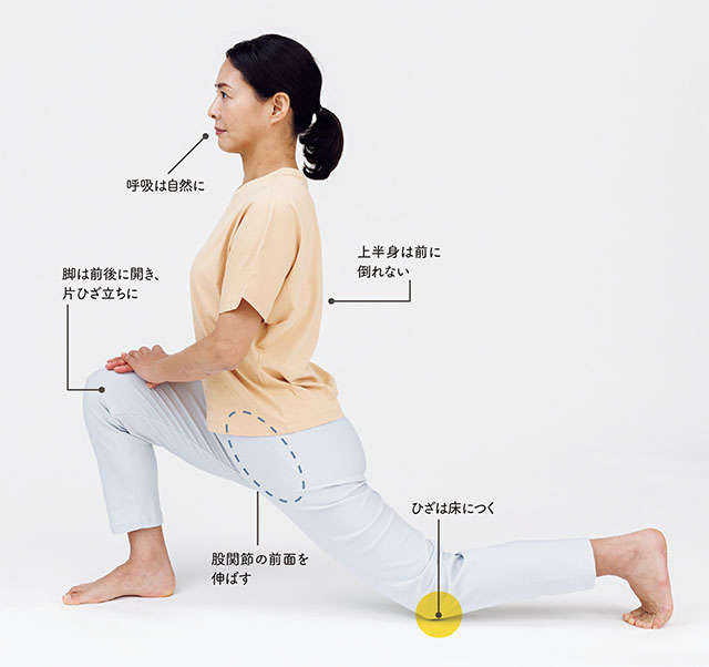 ひざや腰の痛みの予防に！ 股関節周りをゆるめる「股関節の前側伸ばし」と「太もも内側筋肉伸ばし」 2205_P030_01.jpg