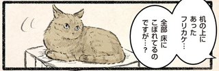 「全部 床にこぼれているのですが」フリカケがこぼれた原因をネコに尋ねたら...あれ？／今日もネコ様の圧が強い