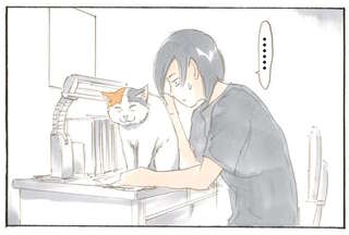 ここは猫の定位置？ 飼い主が机に向かうと邪魔せずにはいられない／拾い猫のモチャ1