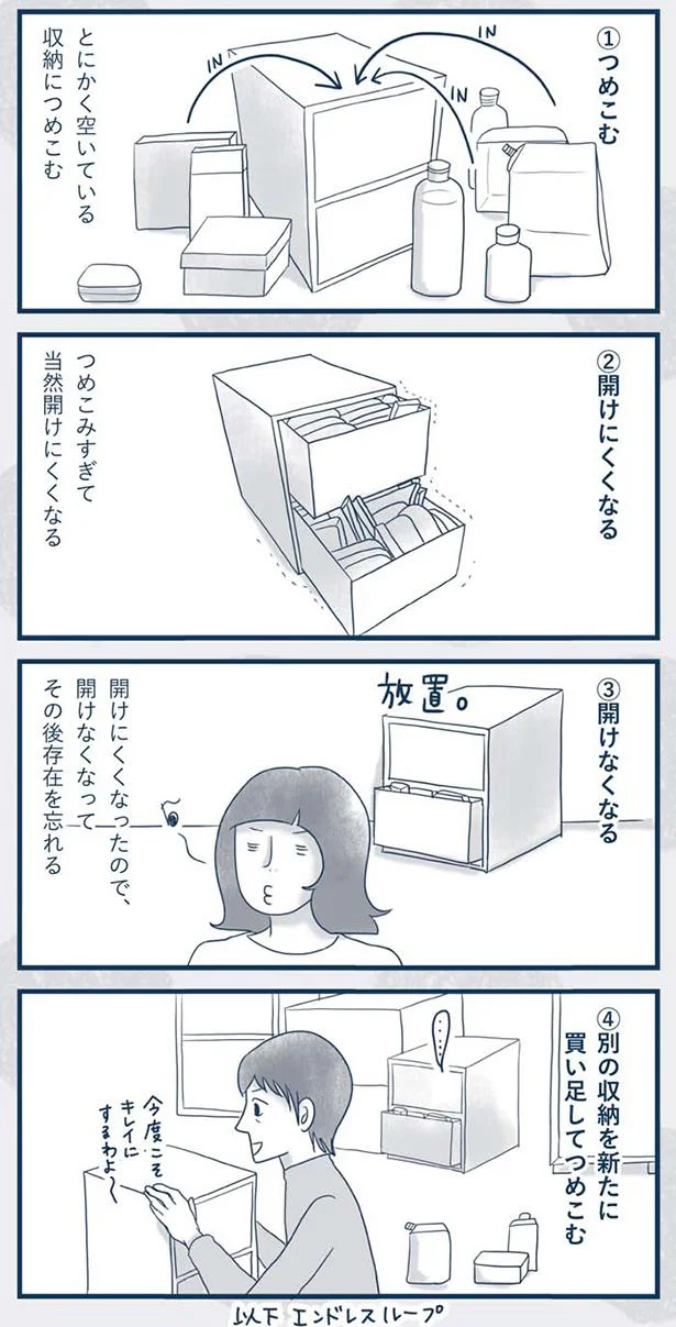 空いている場所にどさっ。片付けでやってはいけない行動とは？／わたしのウチには、なんにもない。4コマ総集編 13849423.webp