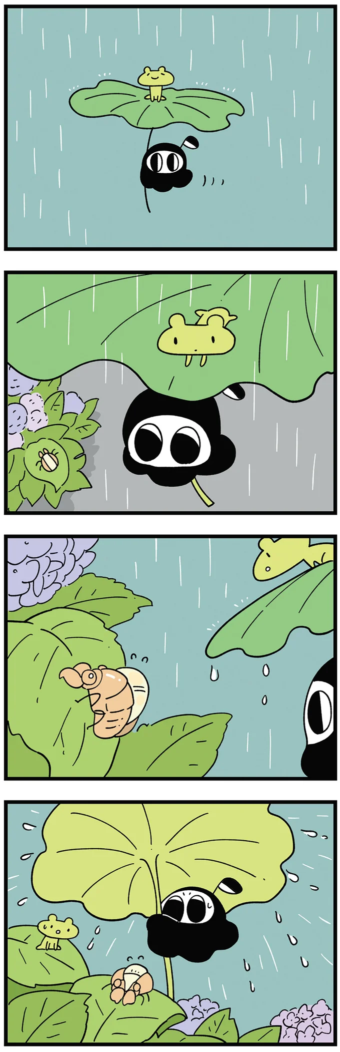 羽化中のせみを守らなきゃ。小さな死神は葉っぱの傘で...／死が怖い小さな死神 09-02.png