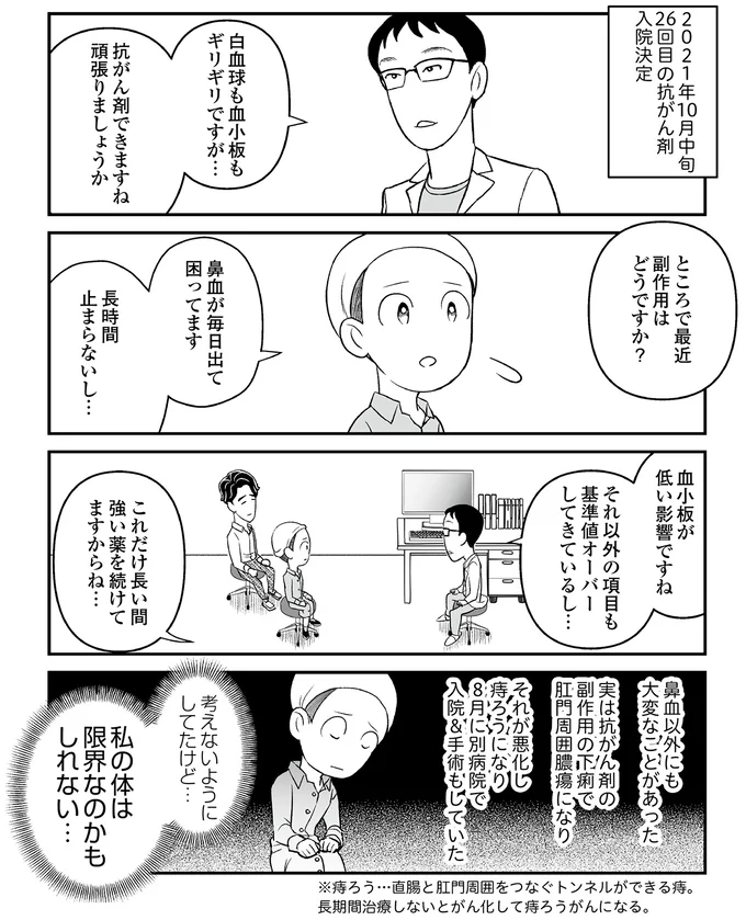 抗がん剤の副作用？ 止まらない鼻血や病気の併発に不安が募る／痔だと思ったら大腸がんステージ4でした 20-03.png