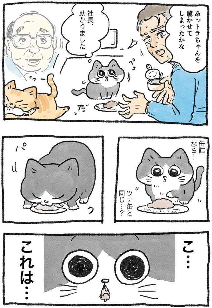 猫に転生したおじさん、猫缶にチャレンジ!初めて食べるその味は...やっぱり/ねこに転生したおじさん1 51.webp