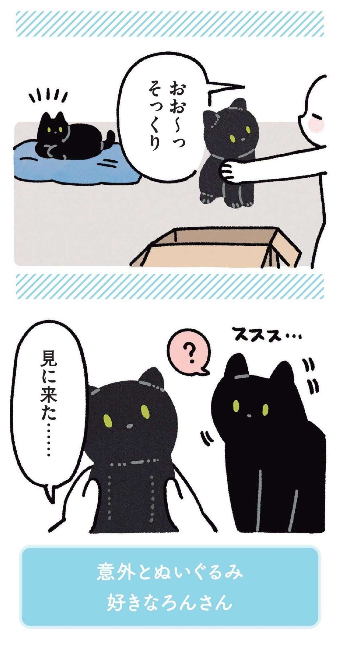 愛猫そっくりの等身大ぬいぐるみを入手。こんなかわいい反応してくれるなんて！／黒猫ろんと暮らしたら 11.jpg