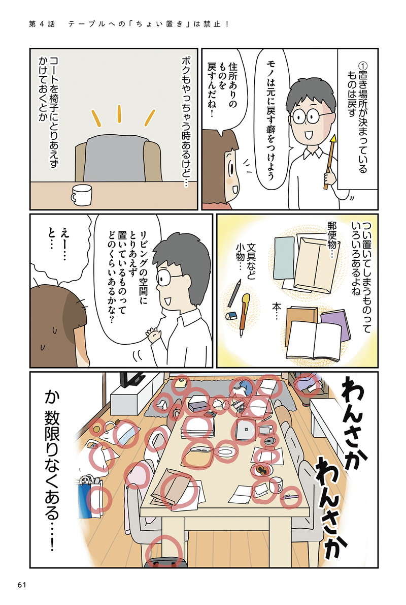 すぐに散らかるのは「ちょい置き」が原因。俯瞰して部屋を見てみると...／理系夫のみるみる片付く！ 整理収納術 rikei_61.jpg