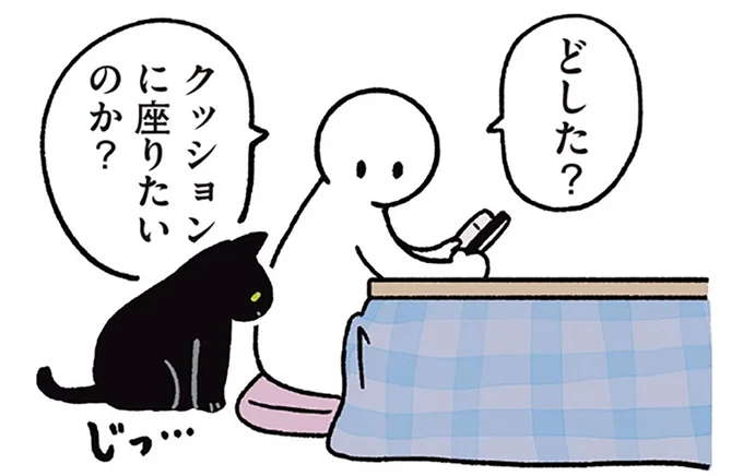 クッションに座りたい黒猫。飼い主が提案した「平和的な解決法」/黒猫ろんと暮らしたら3