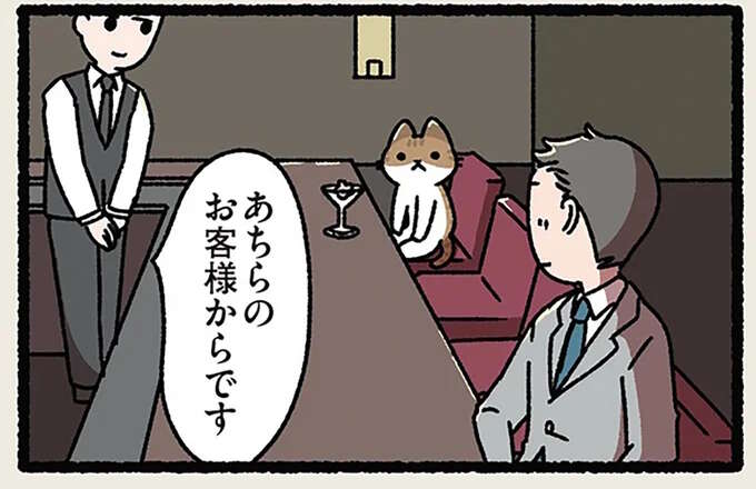 「ねこに鰹節」カウンターに座るねこが気になったので、鰹節を「あちらのお客様からです」／ねことわざ
