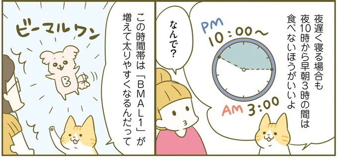 体を太らせるBMLA1が増える夜10時から早朝3時。この時間の食事にはご用心／ネコちゃんのゆるゆるダイエット塾 71.png