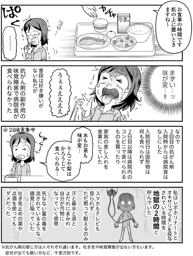 嘔吐、味覚障害...「地獄の2時間」と呼んでいた抗がん剤治療／痔だと思ったら大腸がんステージ4でした 09-07.png