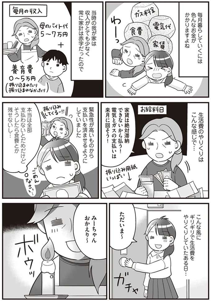 「電気とガス止められちゃったの」困窮する母子家庭。娘も不満が溜まり...／明日食べる米がない！ komenai13_1.jpeg