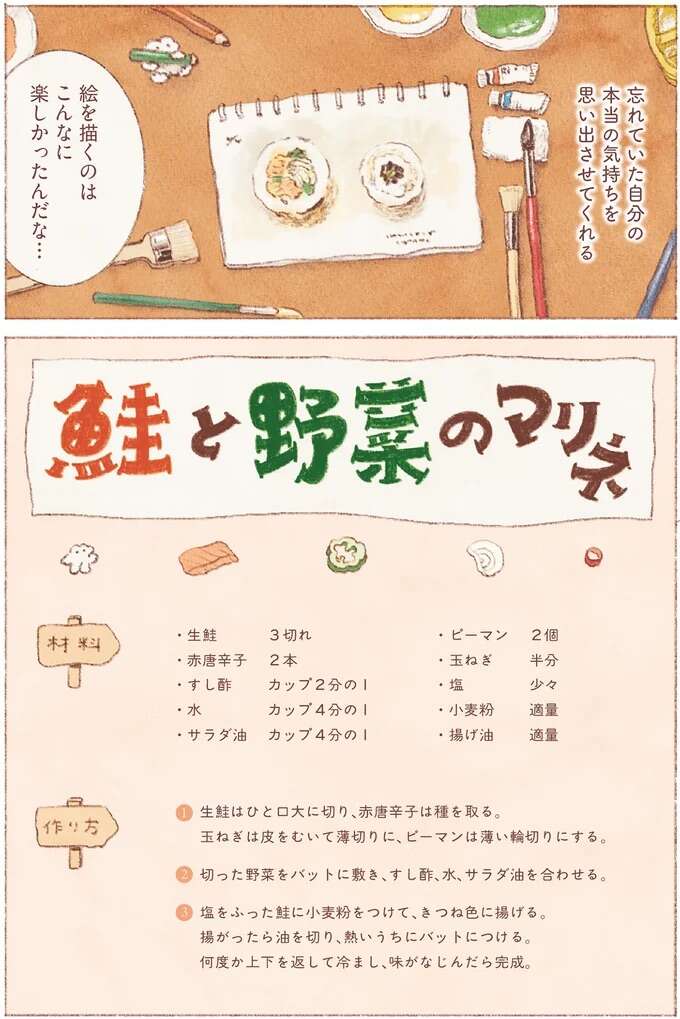 色鮮やかな野菜を見て思い出した自分の本当の気持ち。鮭と野菜のマリネ/おばけのおいしいひと休み monster9_8.jpeg