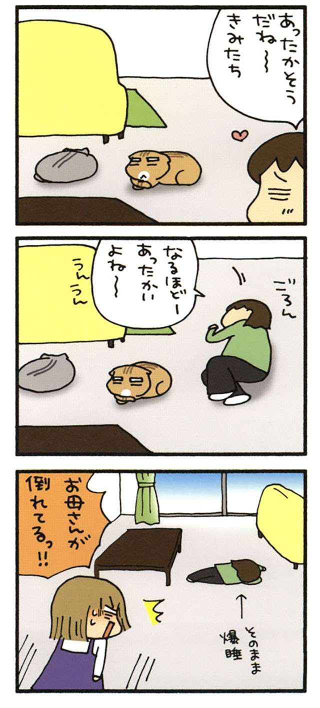 「お母さんが倒れてるっ!!」寛ぐ猫の真似をしていたら...／うちの3ねこ 2 uchinosanneko_002_017_2.jpg